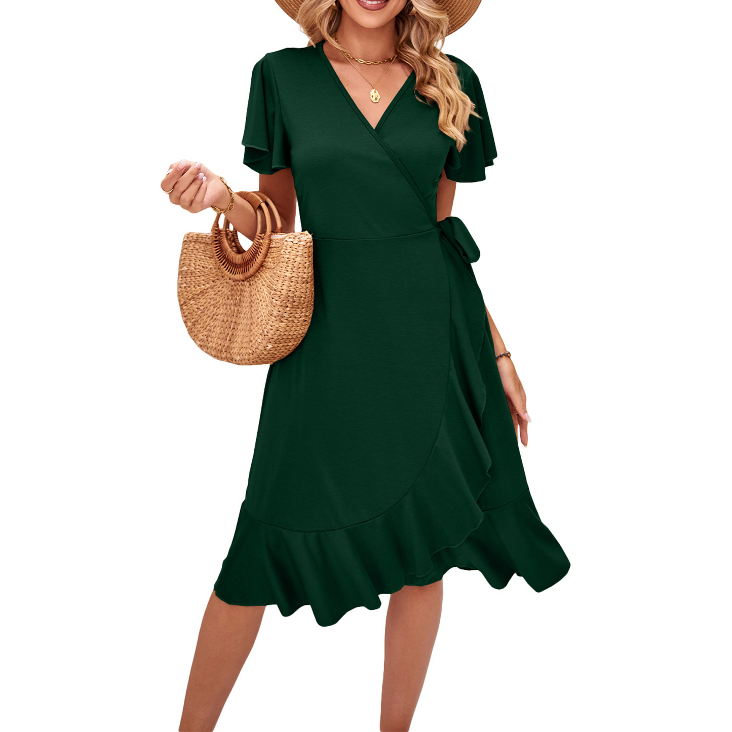 Abigail - robe midi verte fraîche et simple avec décolleté en V