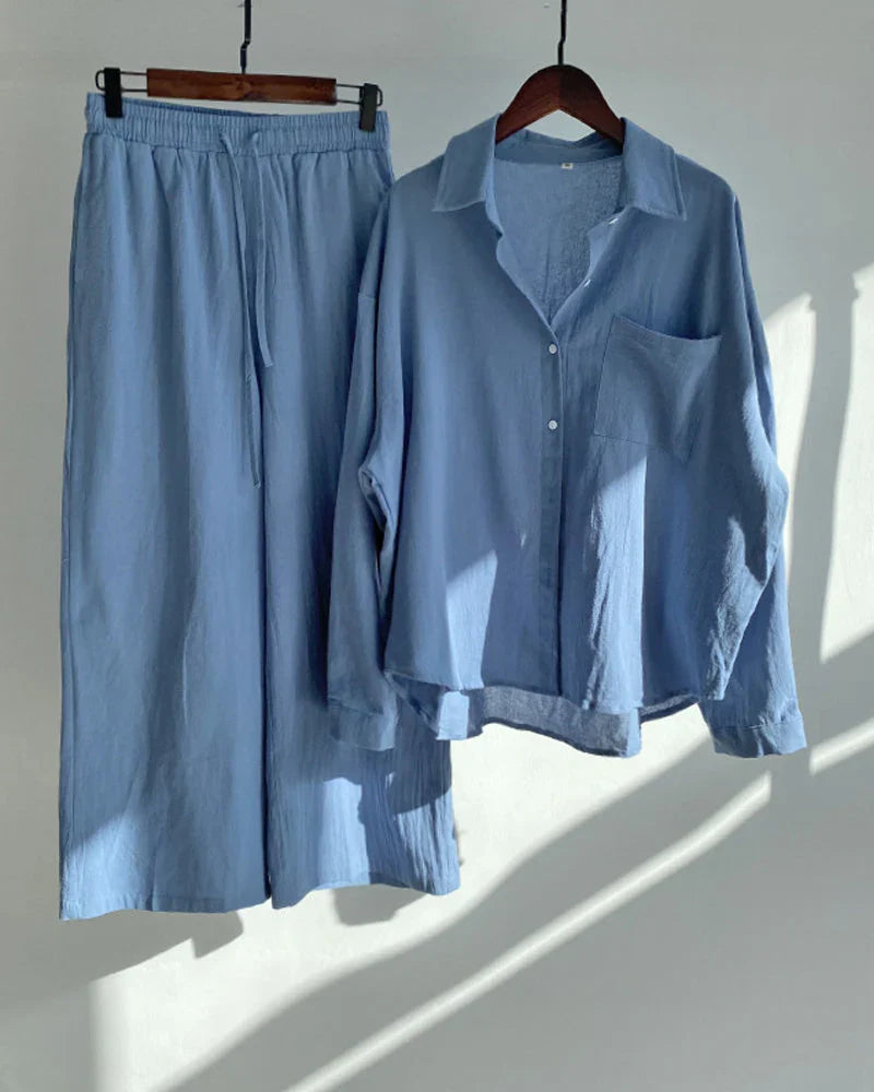 Ensemble deux pièces uni avec chemise et pantalon