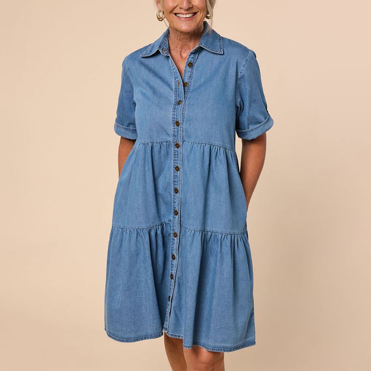 Sophia - mini-robe en jean bleu tendance avec col et poches latérales