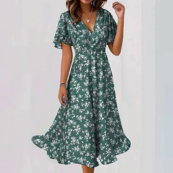 Sophia - Robe midi verte à manches courtes et col V