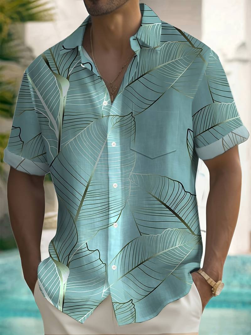 Aiden - Chemise hawaïenne grande taille à imprimé de feuilles tropicales