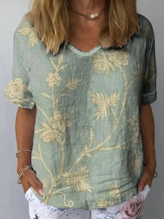 Chemise décontractée pour femme avec motif floral rétro en coton et lin