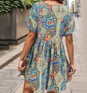 Stella - Robe bleue boho avec imprimé ethnique