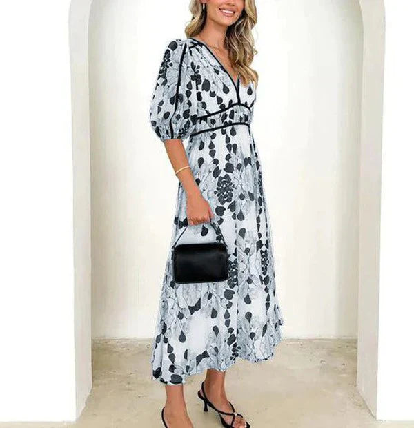 Abigail - robe midi bleue chic à manches courtes et décolleté en V